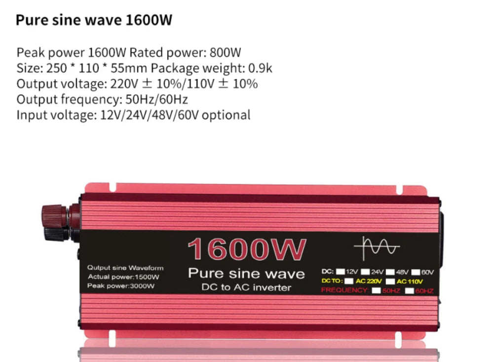 Pure Sine Wave Inverter DC 12V/24V To AC 110V/220V 1000W 1600W 2000W 2200W Portable Power Bank Converter Solar Inverter