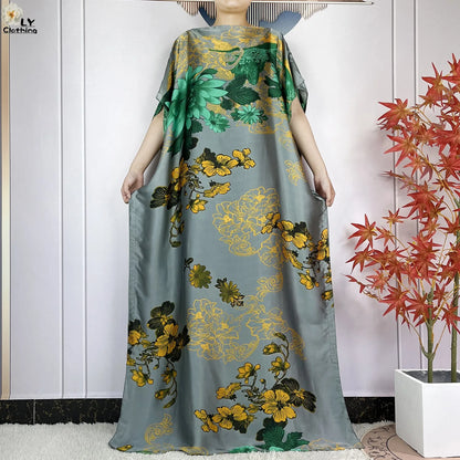 Muslim Abayas For Women 2023 New Fashion Printed Silk Soft Loose Femme Elegant Robe African Maxi Party Dresses With Belt Turban