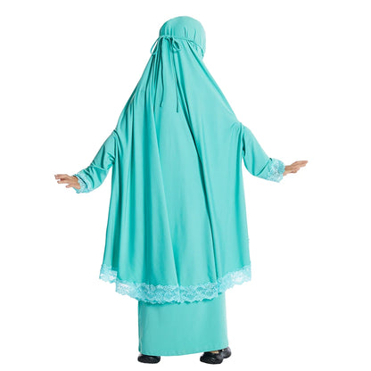 2Pcs Traditional Muslim Kids Girls Abaya Eid Hooded Overhead Hijab Burqa Maxi Skirt Sets Turkey Dubai Kaftan Prayer Garment Gown