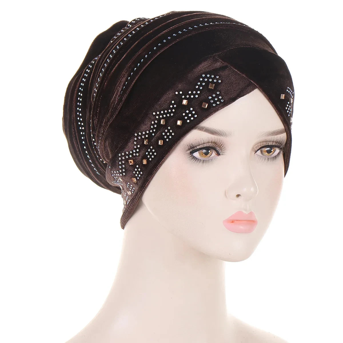 Glitter Diamonds Pleated Turban Cap Women Soft Velvet Head Wraps Caps Muslim Headscarf Bonnet Female Beanie Pullover Cap