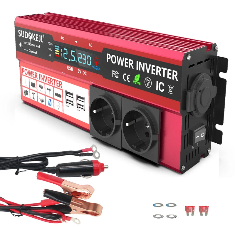 12V To 220V 4000W Power Inverter LCD Display EU Socket Solar Inverter Dual USB Fast Charging for Phone Laptops Car