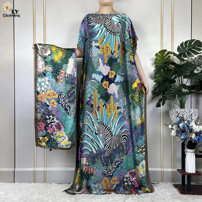 Muslim Abayas For Women 2023 New Fashion Printed Silk Soft Loose Femme Elegant Robe African Maxi Party Dresses With Belt Turban