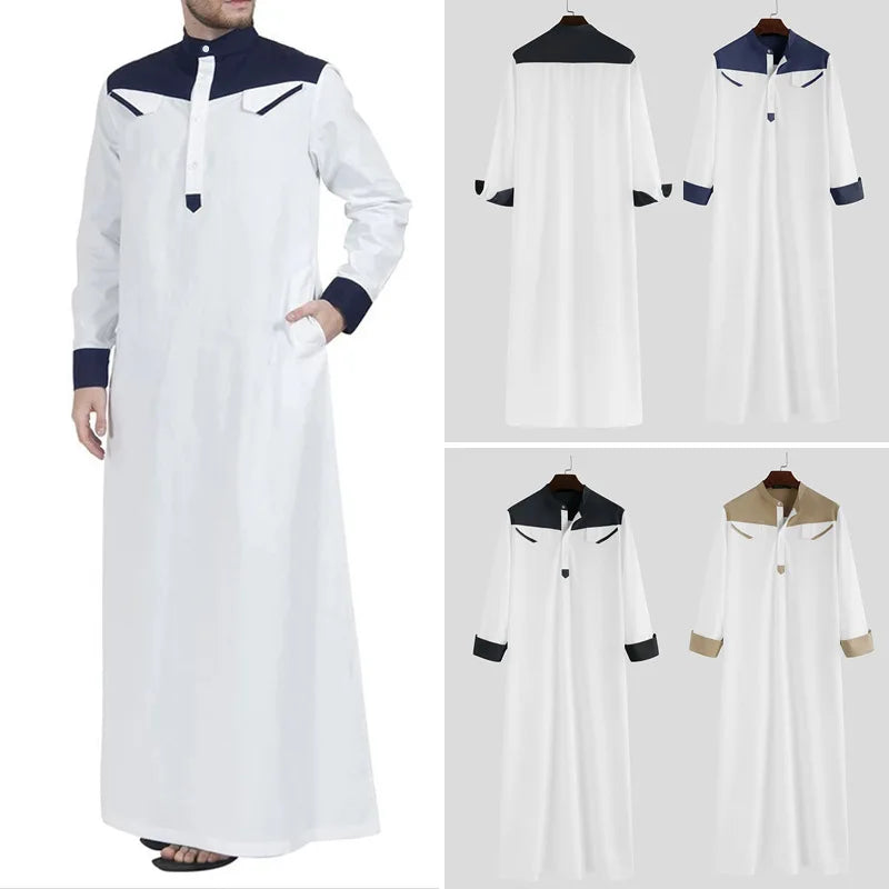 2025 Muslim Thobe Comfortable Men Caftan Long Sleeve Contrast Color Muslim Clothing Mandarin Neck Muslim Robe for Middle East