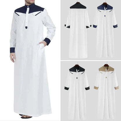 2025 Muslim Thobe Comfortable Men Caftan Long Sleeve Contrast Color Muslim Clothing Mandarin Neck Muslim Robe for Middle East