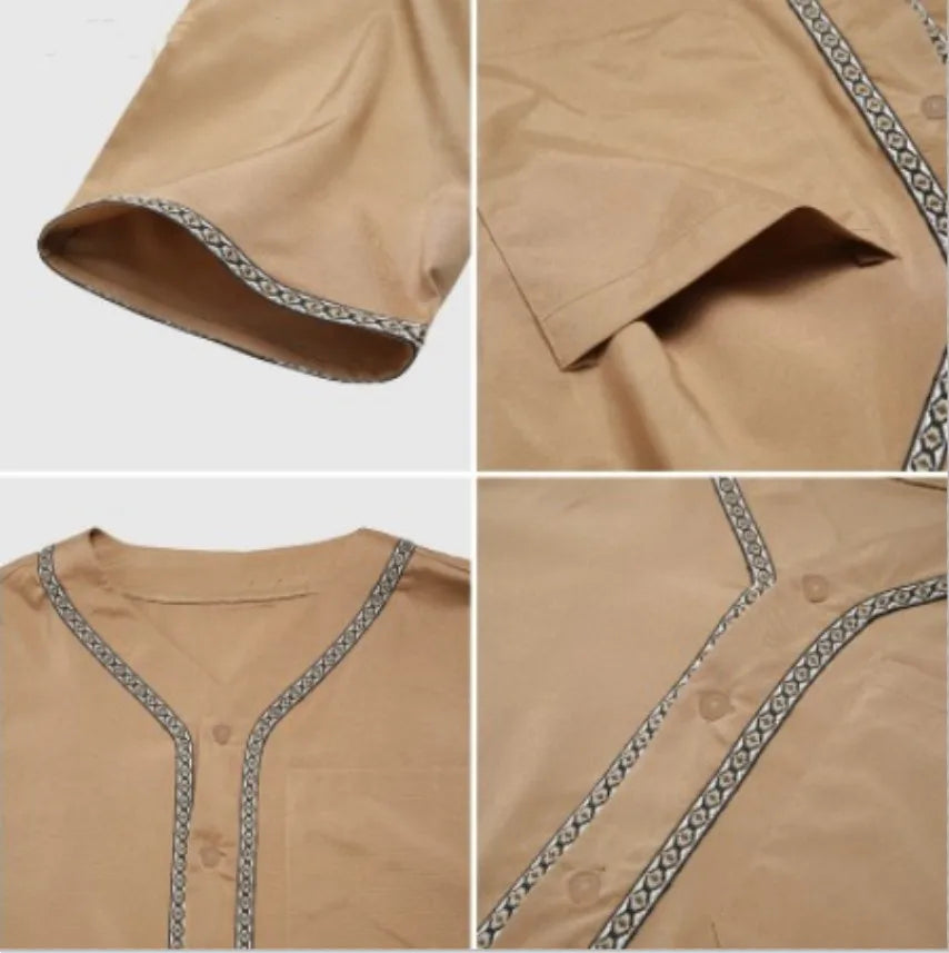 New 2025 Men Islamic Arabic Kaftan Vintage Solid Short Sleeve Loose Retro Robes Abaya Dubai Middle East Muslim Clothing S-5XL