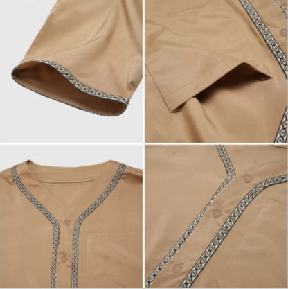 New 2025 Men Islamic Arabic Kaftan Vintage Solid Short Sleeve Loose Retro Robes Abaya Dubai Middle East Muslim Clothing S-5XL