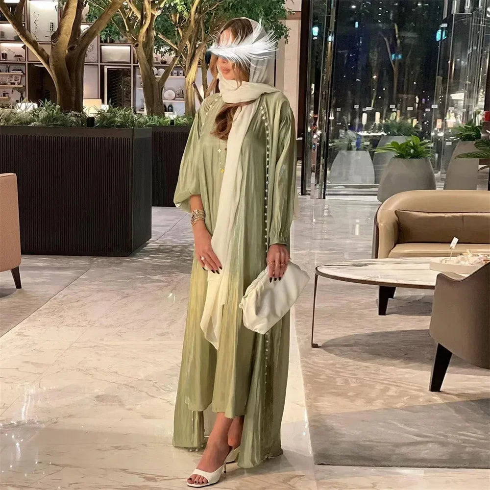 2 Piece Silk Satin Kimono Abaya Under Dress Morocco Muslim Sets Abayas for Women Dubai Arabic Cardigan Kaftan Robe Islam outfits