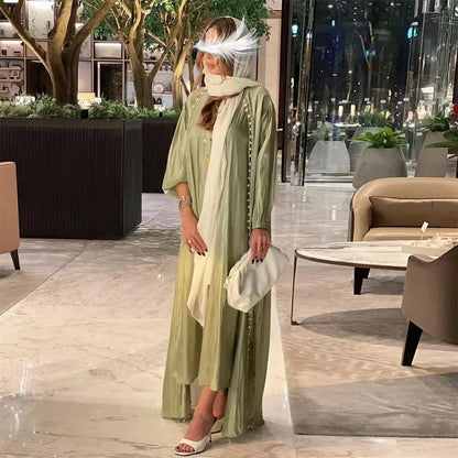 2 Piece Silk Satin Kimono Abaya Under Dress Morocco Muslim Sets Abayas for Women Dubai Arabic Cardigan Kaftan Robe Islam outfits