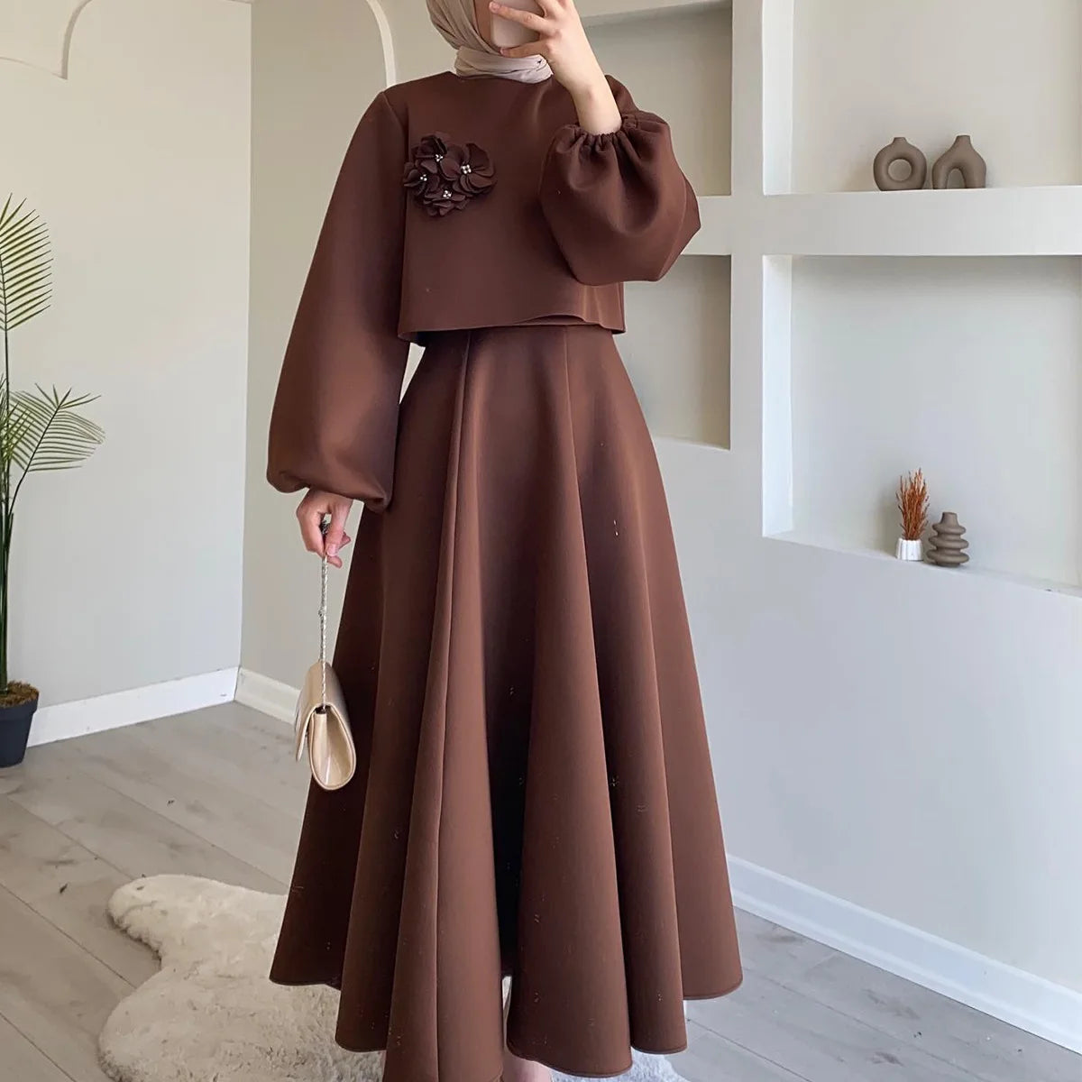 2  Piece Muslim Sets Women Middle East Dubai Flower Lantern Sleeve Tops Skirts Set Dress Kimono Kaftan 2pc Ramadan Islam Clothes