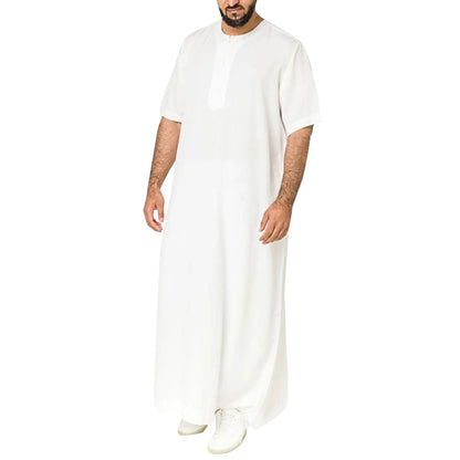 New 2025 Men Islamic Arabic Kaftan Vintage Solid Short Sleeve Loose Retro Robes Abaya Dubai Middle East Muslim Clothing S-5XL