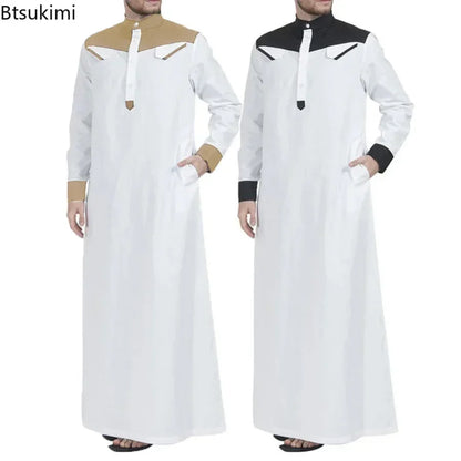 2025 Muslim Thobe Comfortable Men Caftan Long Sleeve Contrast Color Muslim Clothing Mandarin Neck Muslim Robe for Middle East