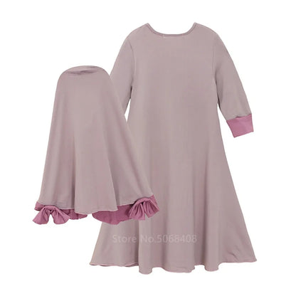 Muslim traditional clothing Islamic robe kids baby girls richer Saudi Arab Dubai solid abaya kaftan with ruffle bow hijab dress