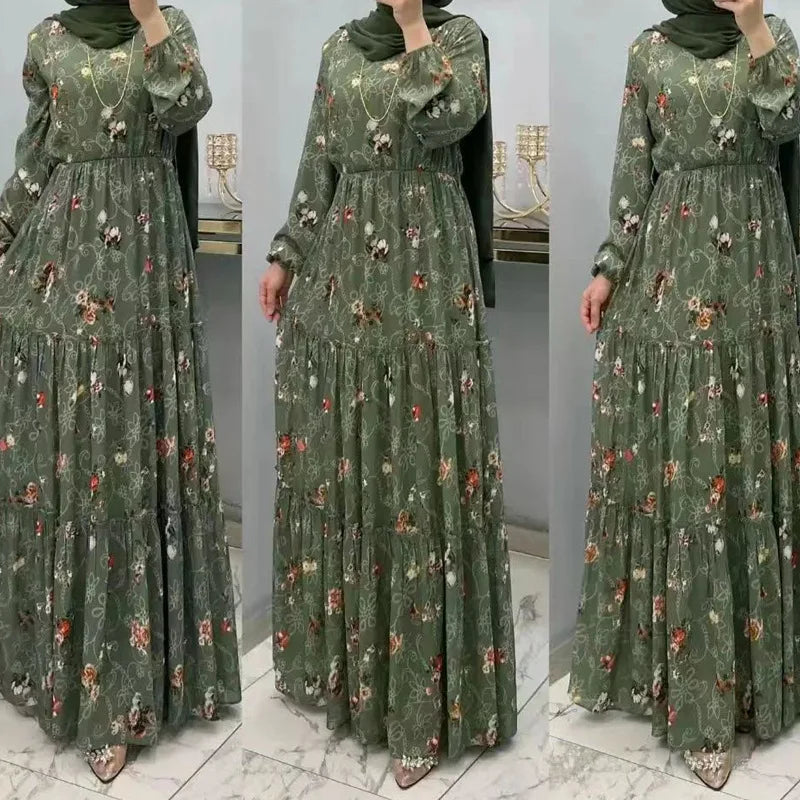 Eid Morocco Dress Women Muslim Abaya Jalabiya Turtleneck Floral Print Belted Dubai Kaftan Robe Vestidos Ramadan Abayas Dresses
