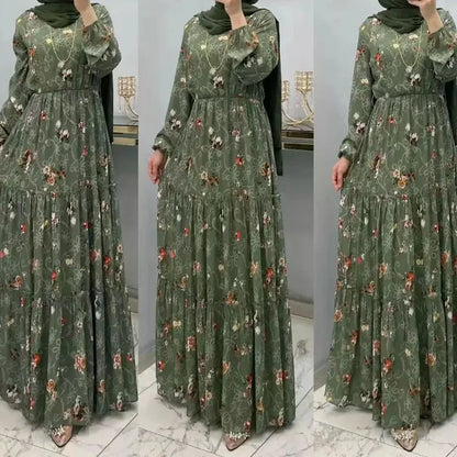 Eid Morocco Dress Women Muslim Abaya Jalabiya Turtleneck Floral Print Belted Dubai Kaftan Robe Vestidos Ramadan Abayas Dresses