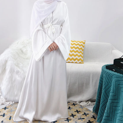 Plain Satin Abaya Dress for Muslim Women, Side Pockets Wide Sleeves, Dubai Turkish Hijabi Islamic Clothing, Modest Robe, Ramadan