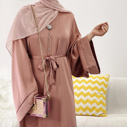 Plain Satin Abaya Dress for Muslim Women, Side Pockets Wide Sleeves, Dubai Turkish Hijabi Islamic Clothing, Modest Robe, Ramadan