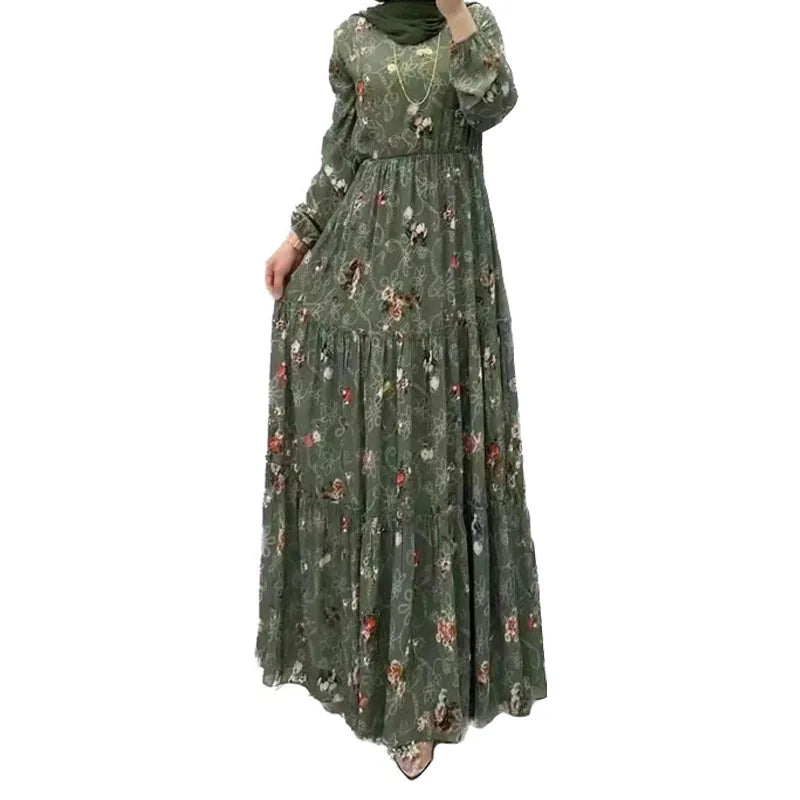 Eid Morocco Dress Women Muslim Abaya Jalabiya Turtleneck Floral Print Belted Dubai Kaftan Robe Vestidos Ramadan Abayas Dresses