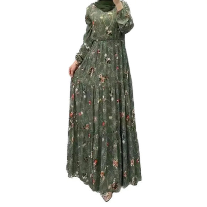 Eid Morocco Dress Women Muslim Abaya Jalabiya Turtleneck Floral Print Belted Dubai Kaftan Robe Vestidos Ramadan Abayas Dresses