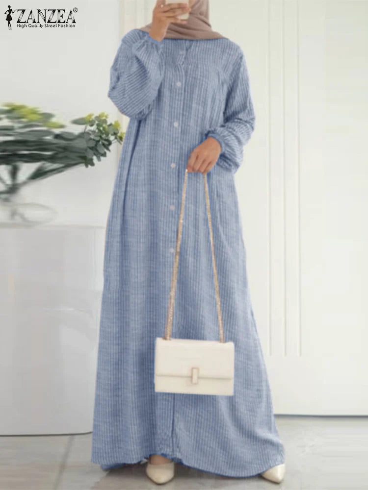 ZANZEA Autumn Sundress Women Vintage Long Sleeve Islamic Clothing Dubai Vestido Fashion Striped Muslim Abaya Dress Robe Femme