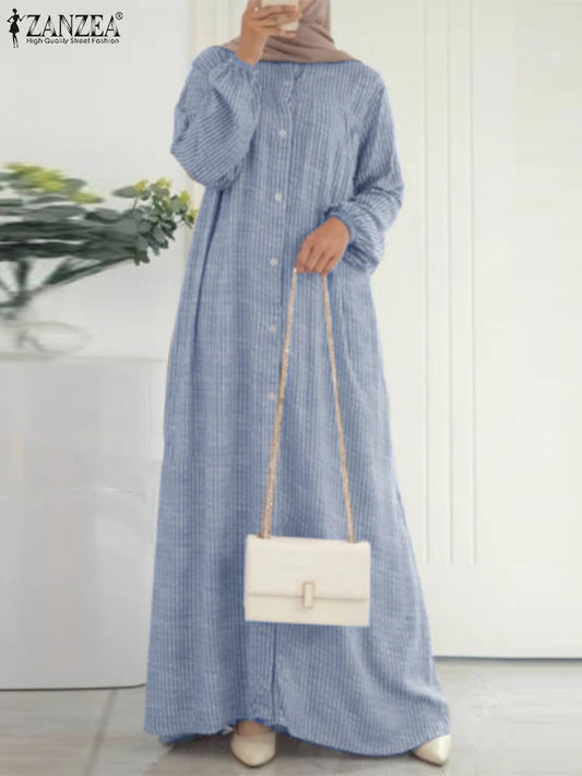 ZANZEA Autumn Sundress Women Vintage Long Sleeve Islamic Clothing Dubai Vestido Fashion Striped Muslim Abaya Dress Robe Femme