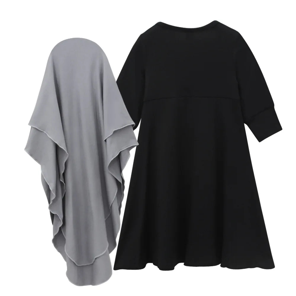 2Pcs Muslim Ramadan Prayer Dress Abaya Sets Children Girls Eid Khimar Hijab Arab Kids Long Robe Headscarf  Kaftan Gown jilbab