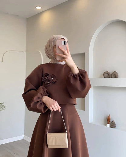 2  Piece Muslim Sets Women Middle East Dubai Flower Lantern Sleeve Tops Skirts Set Dress Kimono Kaftan 2pc Ramadan Islam Clothes
