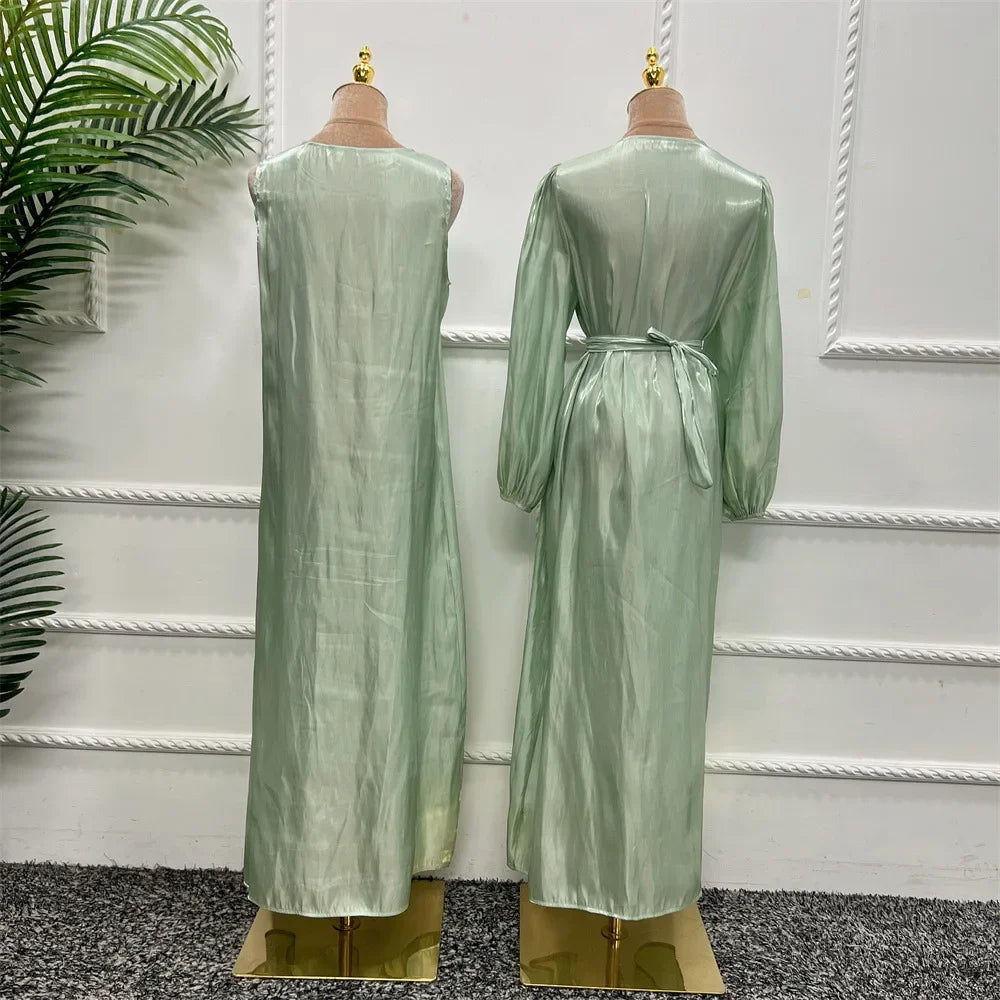 2 Piece Silk Satin Kimono Abaya Under Dress Morocco Muslim Sets Abayas for Women Dubai Arabic Cardigan Kaftan Robe Islam outfits