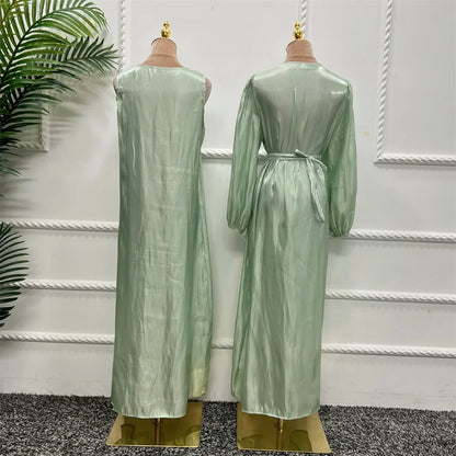 2 Piece Silk Satin Kimono Abaya Under Dress Morocco Muslim Sets Abayas for Women Dubai Arabic Cardigan Kaftan Robe Islam outfits