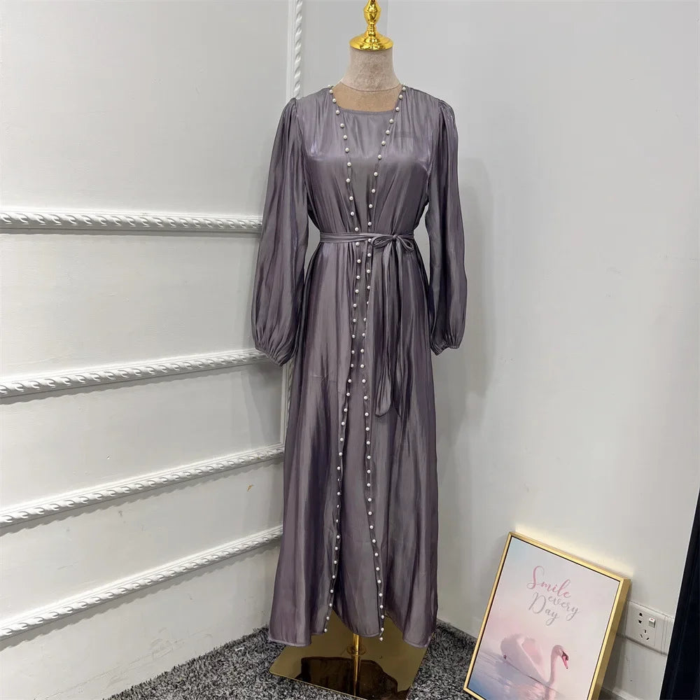 2 Piece Silk Satin Kimono Abaya Under Dress Morocco Muslim Sets Abayas for Women Dubai Arabic Cardigan Kaftan Robe Islam outfits