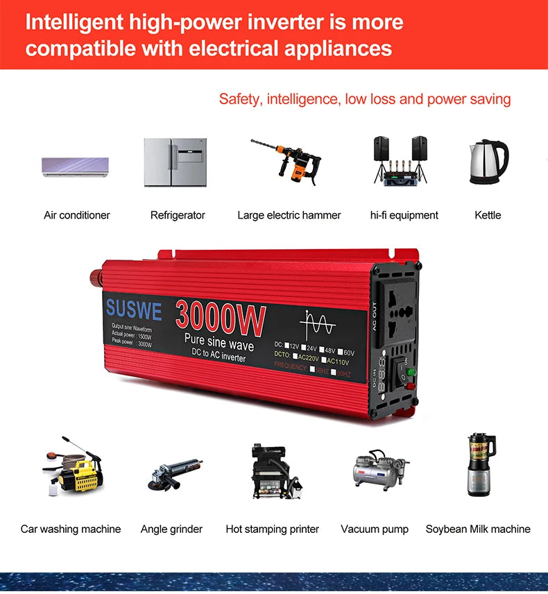 3000W Pure Sine Wave Inverter 12v 24v~ 220V 110V 2000W 1000W Converter Power Supply DC AC VoltageAdapter Module Transmission