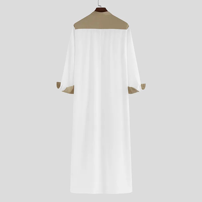 2025 Muslim Thobe Comfortable Men Caftan Long Sleeve Contrast Color Muslim Clothing Mandarin Neck Muslim Robe for Middle East