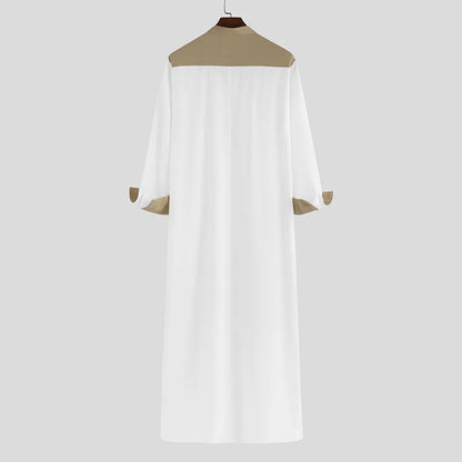 2025 Muslim Thobe Comfortable Men Caftan Long Sleeve Contrast Color Muslim Clothing Mandarin Neck Muslim Robe for Middle East