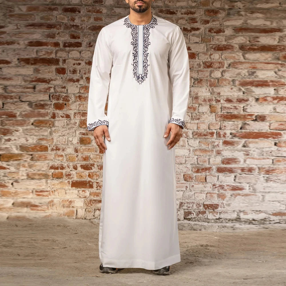 2024 New Men's Luxury White Muslim Moroccan Style Abaya Classic Embroidered Long Sleeve Formal Wear Islamic Arabic Thobe