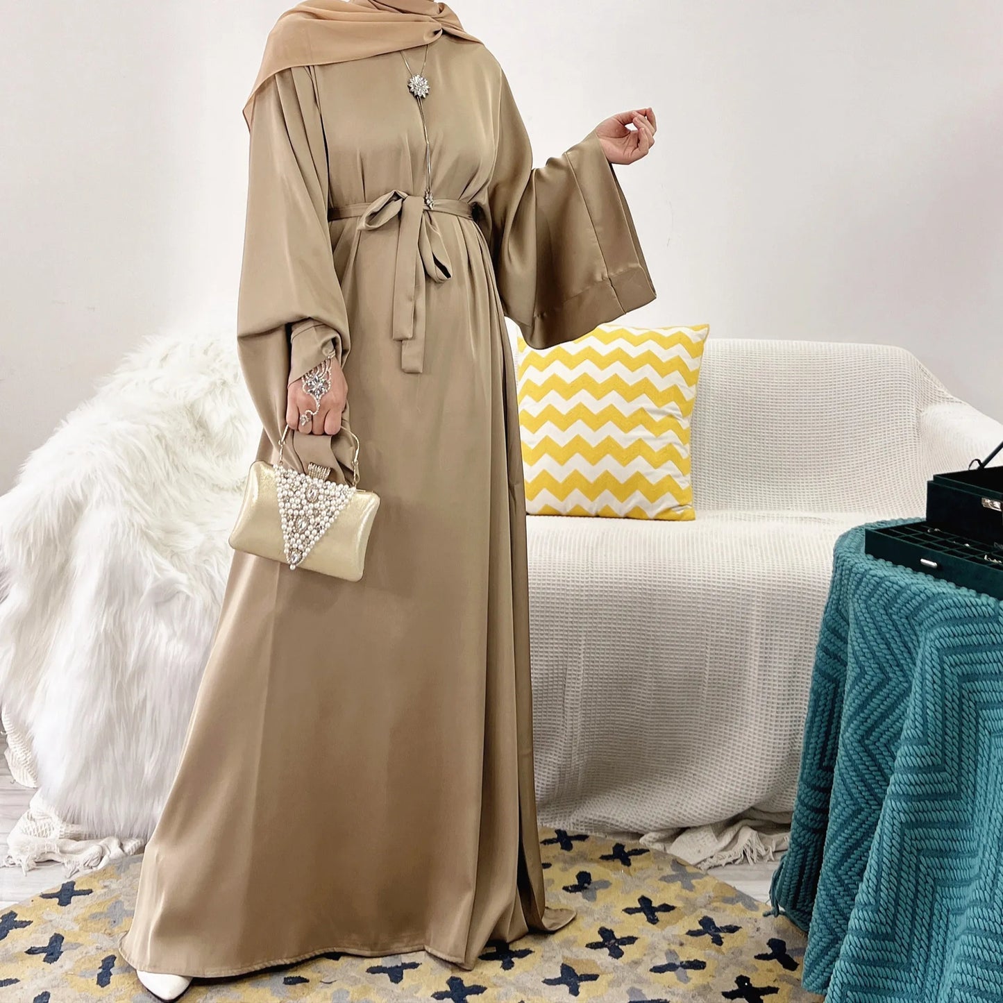 Plain Satin Abaya Dress for Muslim Women, Side Pockets Wide Sleeves, Dubai Turkish Hijabi Islamic Clothing, Modest Robe, Ramadan