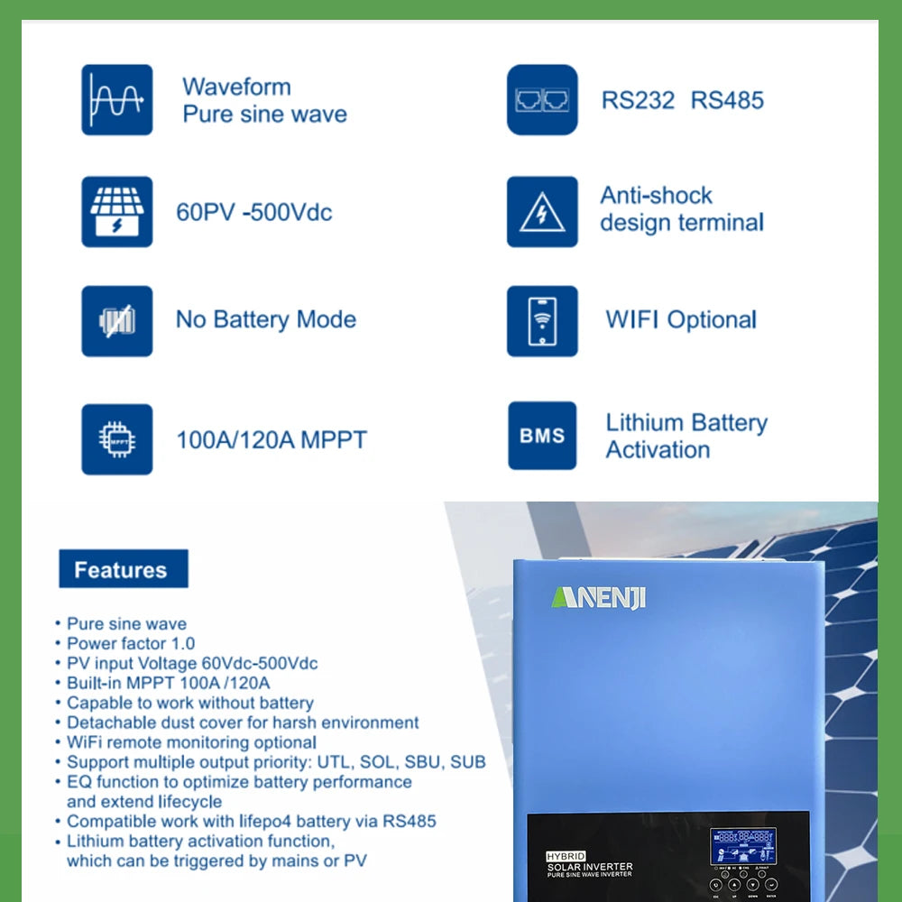 6.2KW 4KW Solar Inverter Hybrid 48V 24V Pure Sine Wave On Grid Off Grid MPPT 100A/120A Solar Charge Controller For PV 60-500V
