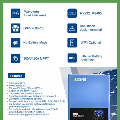 6.2KW 4KW Solar Inverter Hybrid 48V 24V Pure Sine Wave On Grid Off Grid MPPT 100A/120A Solar Charge Controller For PV 60-500V