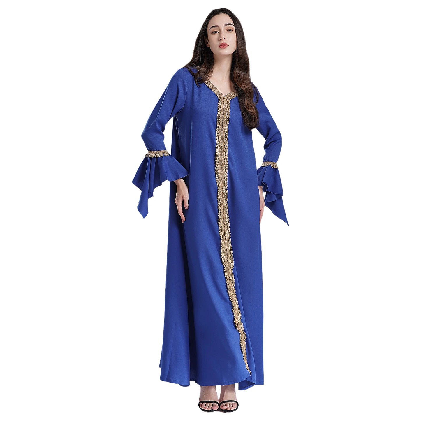 Elegant Womens Muslim Abaya Floor Length Robe V Neck Flared Sleeve Dress Halloween Witch Masquerade Gown Role Play Theme Party