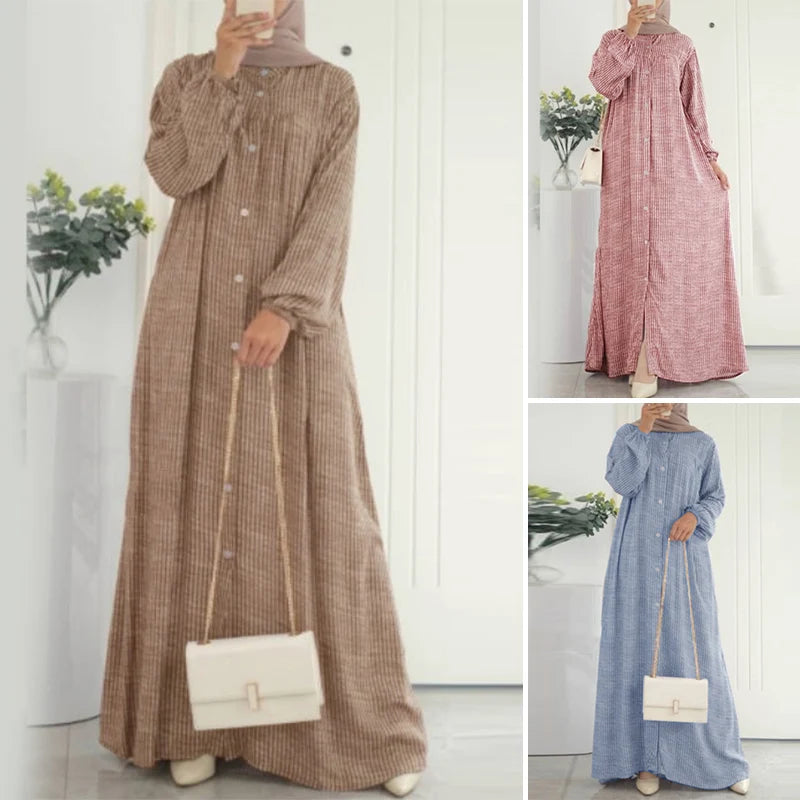 ZANZEA Autumn Sundress Women Vintage Long Sleeve Islamic Clothing Dubai Vestido Fashion Striped Muslim Abaya Dress Robe Femme