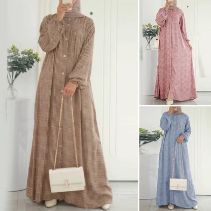 ZANZEA Autumn Sundress Women Vintage Long Sleeve Islamic Clothing Dubai Vestido Fashion Striped Muslim Abaya Dress Robe Femme