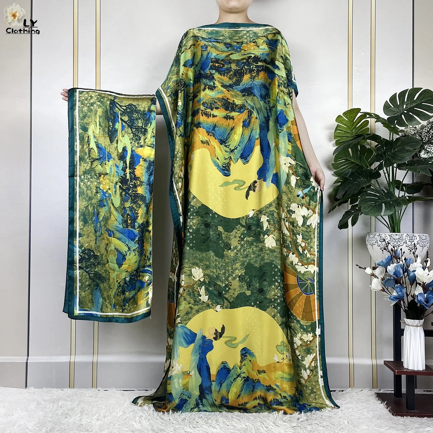 Muslim Abayas For Women 2023 New Fashion Printed Silk Soft Loose Femme Elegant Robe African Maxi Party Dresses With Belt Turban