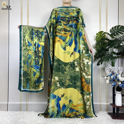 Muslim Abayas For Women 2023 New Fashion Printed Silk Soft Loose Femme Elegant Robe African Maxi Party Dresses With Belt Turban