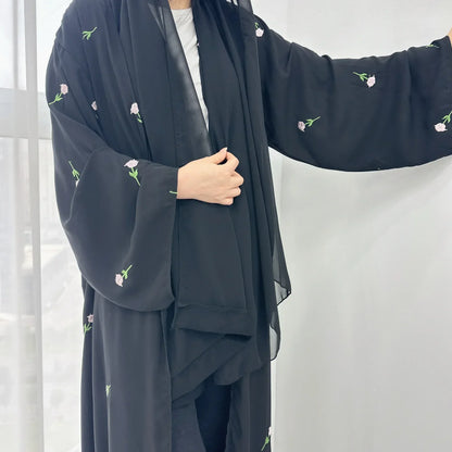 Flower Open Abaya Kimono Embroidery Muslim Abayas for Women Dubai Luxury Turkey Kaftan Hijab Robe Ramadan Eid Islamic Clothing