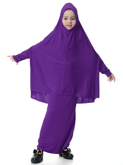 2pcs Set Abaya Muslim Kids Girls Gowns Long Overhead Hijab Maxi Dress Islamic Prayer Garment Clothing Set Turkey Khimar Ramadan
