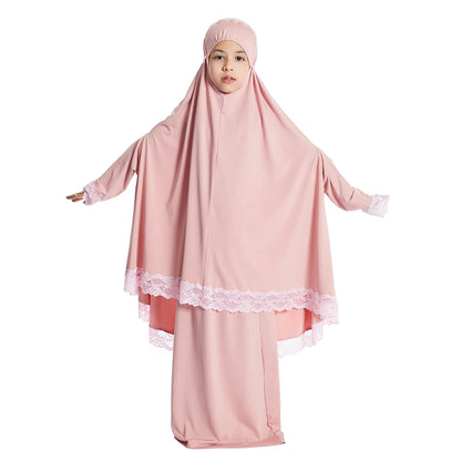 2Pcs Traditional Muslim Kids Girls Abaya Eid Hooded Overhead Hijab Burqa Maxi Skirt Sets Turkey Dubai Kaftan Prayer Garment Gown