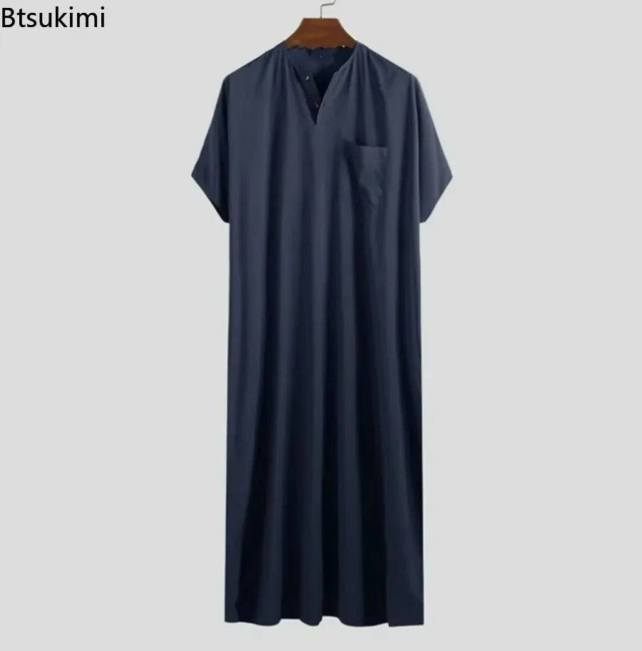 New 2025 Men Islamic Arabic Kaftan Vintage Solid Short Sleeve Loose Retro Robes Abaya Dubai Middle East Muslim Clothing S-5XL