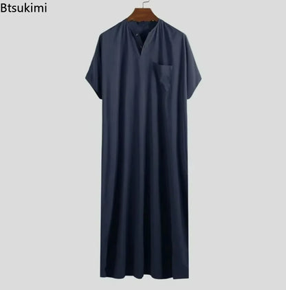 New 2025 Men Islamic Arabic Kaftan Vintage Solid Short Sleeve Loose Retro Robes Abaya Dubai Middle East Muslim Clothing S-5XL