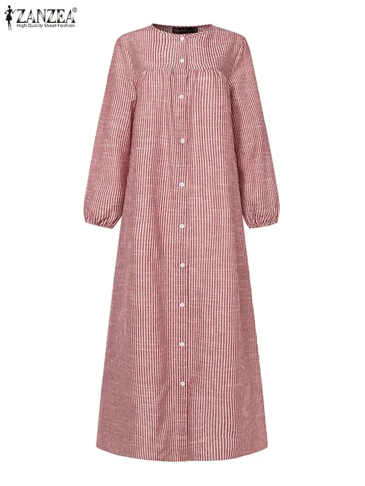 ZANZEA Autumn Sundress Women Vintage Long Sleeve Islamic Clothing Dubai Vestido Fashion Striped Muslim Abaya Dress Robe Femme
