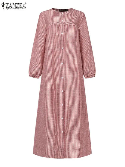 ZANZEA Autumn Sundress Women Vintage Long Sleeve Islamic Clothing Dubai Vestido Fashion Striped Muslim Abaya Dress Robe Femme