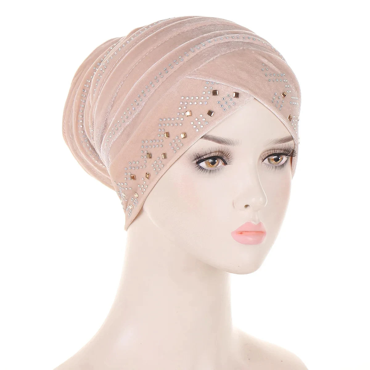 Glitter Diamonds Pleated Turban Cap Women Soft Velvet Head Wraps Caps Muslim Headscarf Bonnet Female Beanie Pullover Cap
