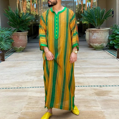 New 2025 Islamic Clothing Men Robe Kaftan Muslim Man Moroccan Casual Long Dress Arabic Striped Robe Middle East National Costume